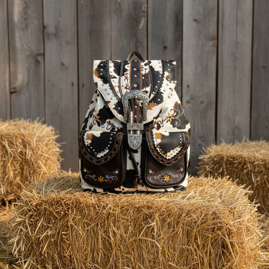 Cow Print Western Leather Buckle Backpack