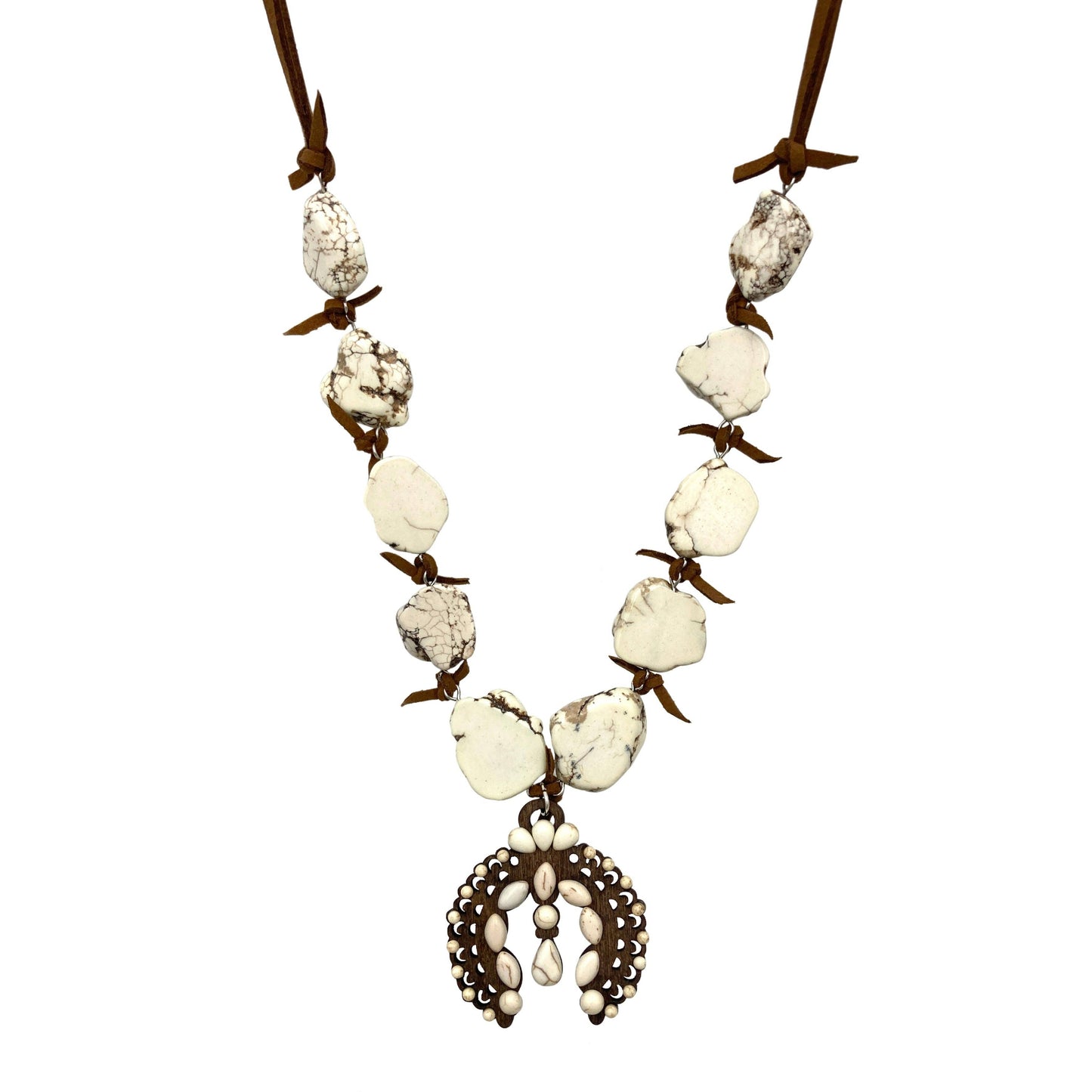 Wood Squash Blossom White Stone Suede Necklace