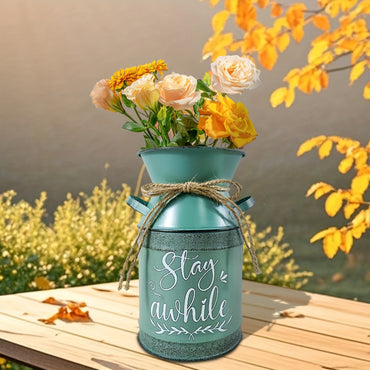 7 selectable blue and green printed village nostalgic and unique vases, small metal vases, retro milk cans, flower POTS, mini water bottles, decorative flower vases, farmhouse decorations for home, kitchen and bathroom, coffe