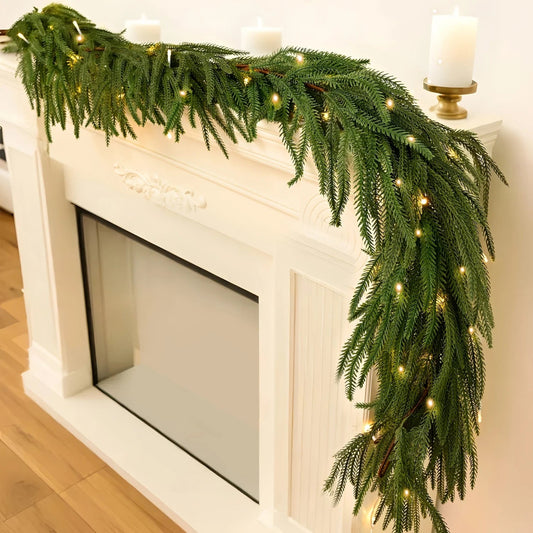 Norfolk Pine Wreath 1pc 6ft Realistic Pre-Lit Norfolk Pine Christmas Wreath - Lifelike Artificial Green Leaves Wreath