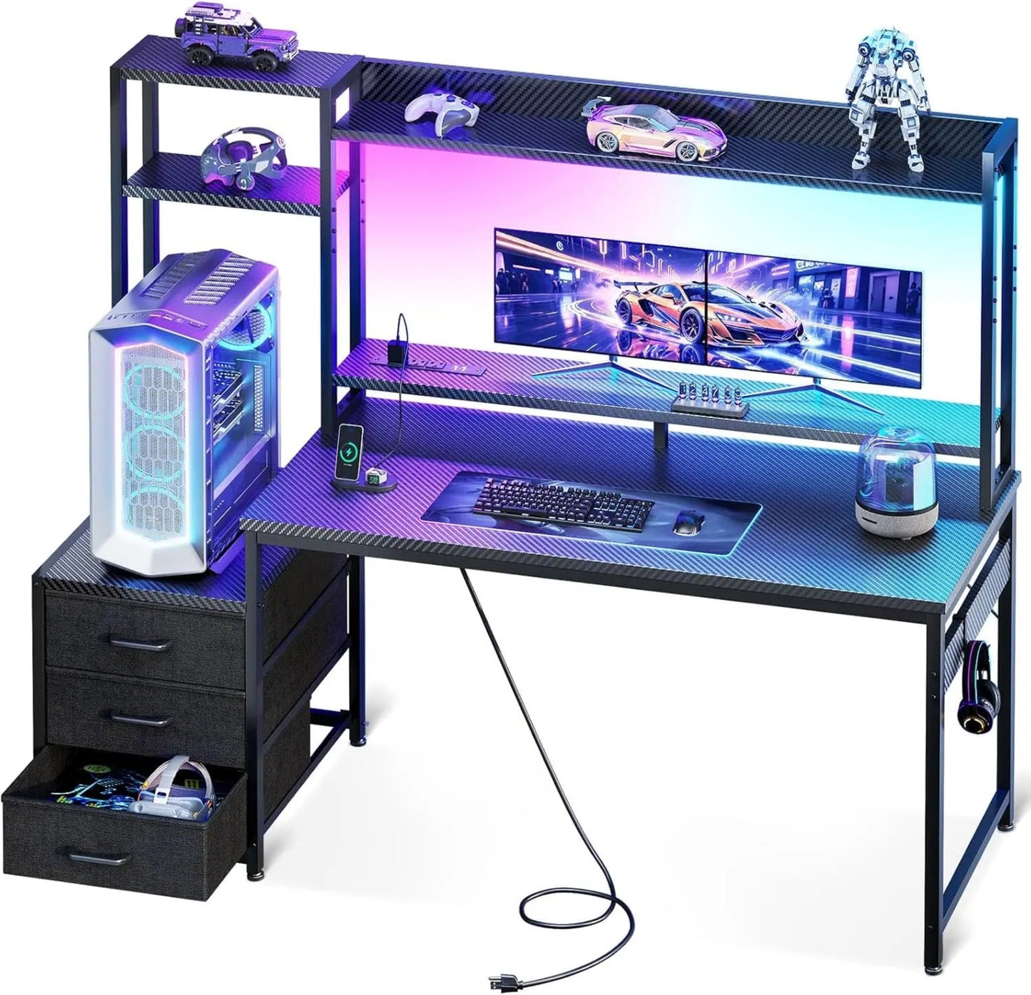 Gaming Desk with Hutch & Fabric Drawers, Computer Desk with USB Ports & LED Lights, Reversible Pc Gamer Table with Monitor Stand