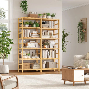 6-Tier Bamboo Shelf, Bamboo Bookcase with Adjustable Shelves, Free Standing Storage Shelf Unit, Plant Flower Stand for K