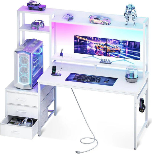 Gaming Desk with Hutch & Fabric Drawers, Computer Desk with USB Ports & LED Lights, Reversible Pc Gamer Table with Monitor Stand