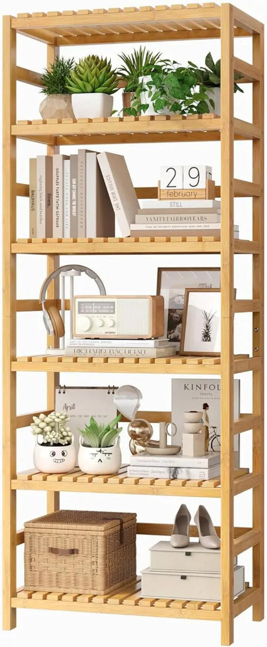 6-Tier Bamboo Shelf, Bamboo Bookcase with Adjustable Shelves, Free Standing Storage Shelf Unit, Plant Flower Stand for K