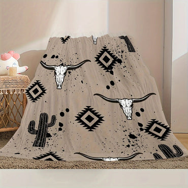 1pc Country Western Flannel Blanket, French Style, Soft And Comfortable Blanket, Bull Skull And Cactus Pattern, Home Decoration