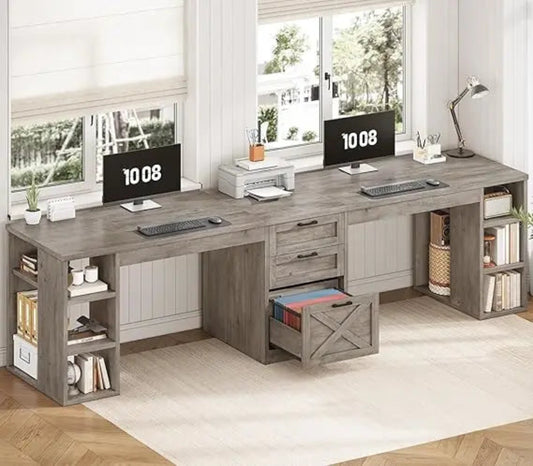 Farmhouse 96.5" Computer Desk with Drawers, 2 Person Home Office Desk, Gaming Double Desk with Storage Shelves, Long Two Person