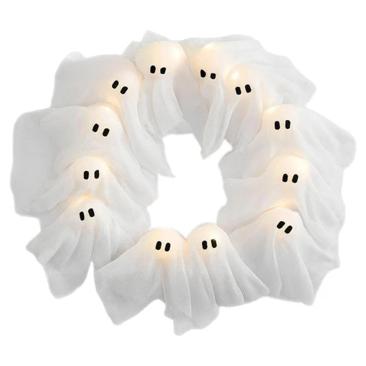 Ghost Wreath With 12 LED Lights Light-up Ghost Wreath For Halloween Indoor Outdoor Wall Decor Spooky Front Door Hanging Decor