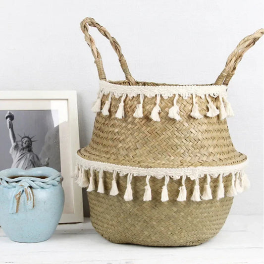 Seagrass Laundry Basket Natural Rattan Flower Basket Vase Planter Nursery Pot Belly Straw Toys Organizer wicker basket