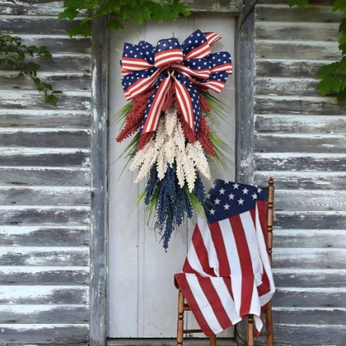 Patriotic Wreath for Front Door 4th of July Wreath White Independence Day Blue Red Wreath for Memorial Independence Day