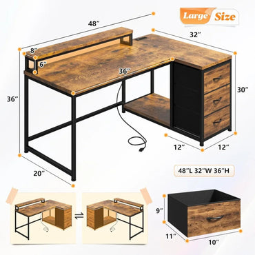 L-Shaped Gaming Desk with LED Lights and Power Outlet, 48 Inch Corner Computer Desk with Drawers, Reversible Office Desk