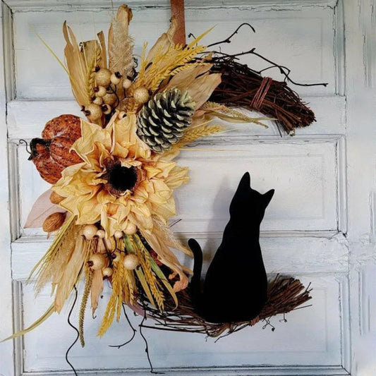 Halloween Moon Cat Flower Wreath Door Hanging Decorations Simulate Black Rose Rattan Circle Atmosphere Decorations Wall Garland
