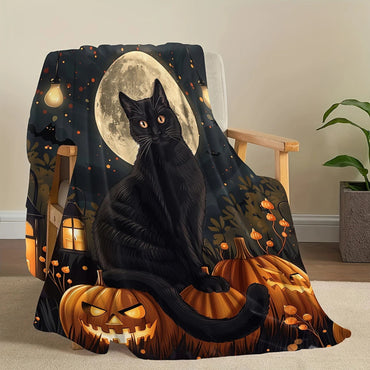 1pc Halloween Black Cat Blanket with Moon & Pumpkins , Flannel blanket, Halloween gift blanket.