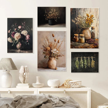 Vintage Autumn Farmhouse Dried Herbs Still Life Rustic Kitchen Vase Prints Canvas Painting Wall Pictures Home Living Room Decor
