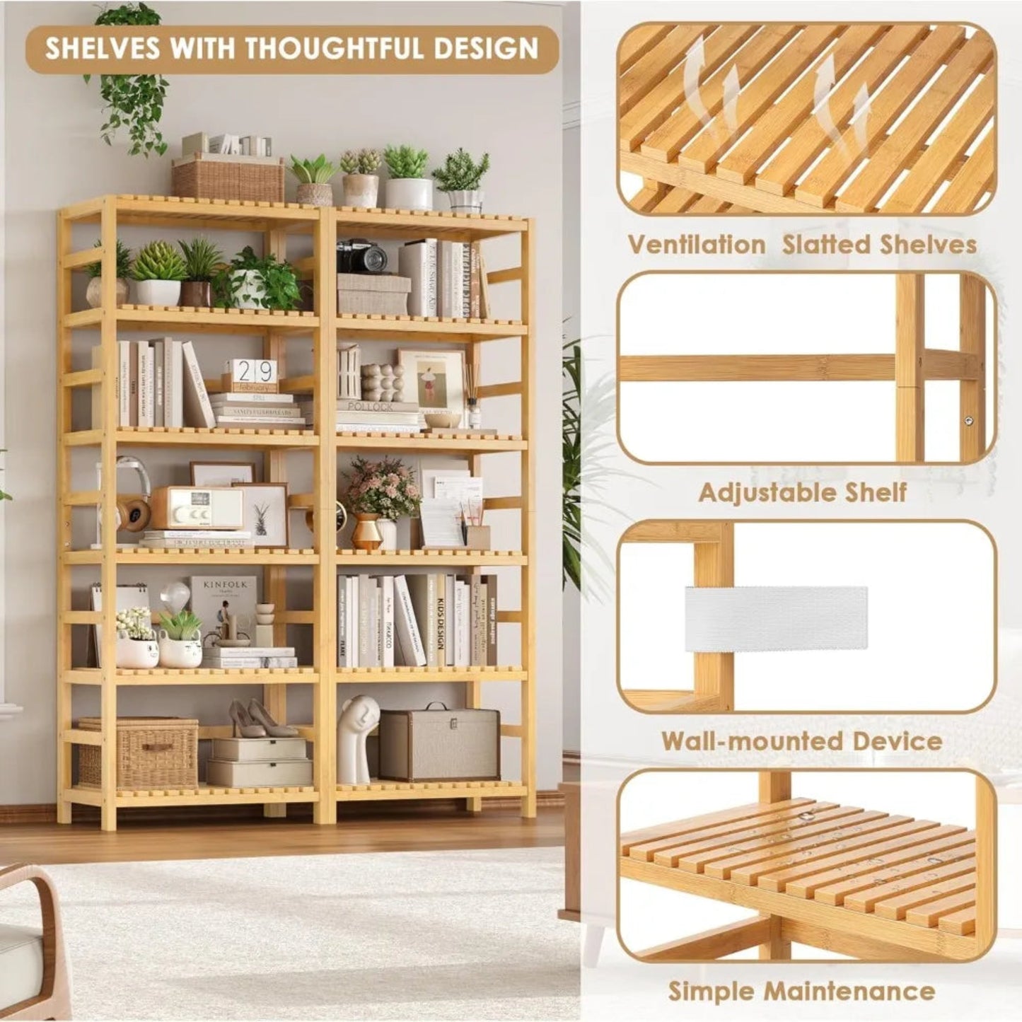 6-Tier Bamboo Shelf, Bamboo Bookcase with Adjustable Shelves, Free Standing Storage Shelf Unit, Plant Flower Stand for K