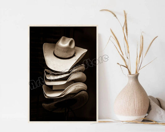 Vintage Southwest Cowboy Hat Boots Highland Cow Rustic Western Landscape Canvas Poster Wall Pictures Farmhouse Home Decor