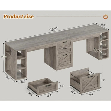 Farmhouse 96.5" Computer Desk with Drawers, 2 Person Home Office Desk, Gaming Double Desk with Storage Shelves, Long Two Person