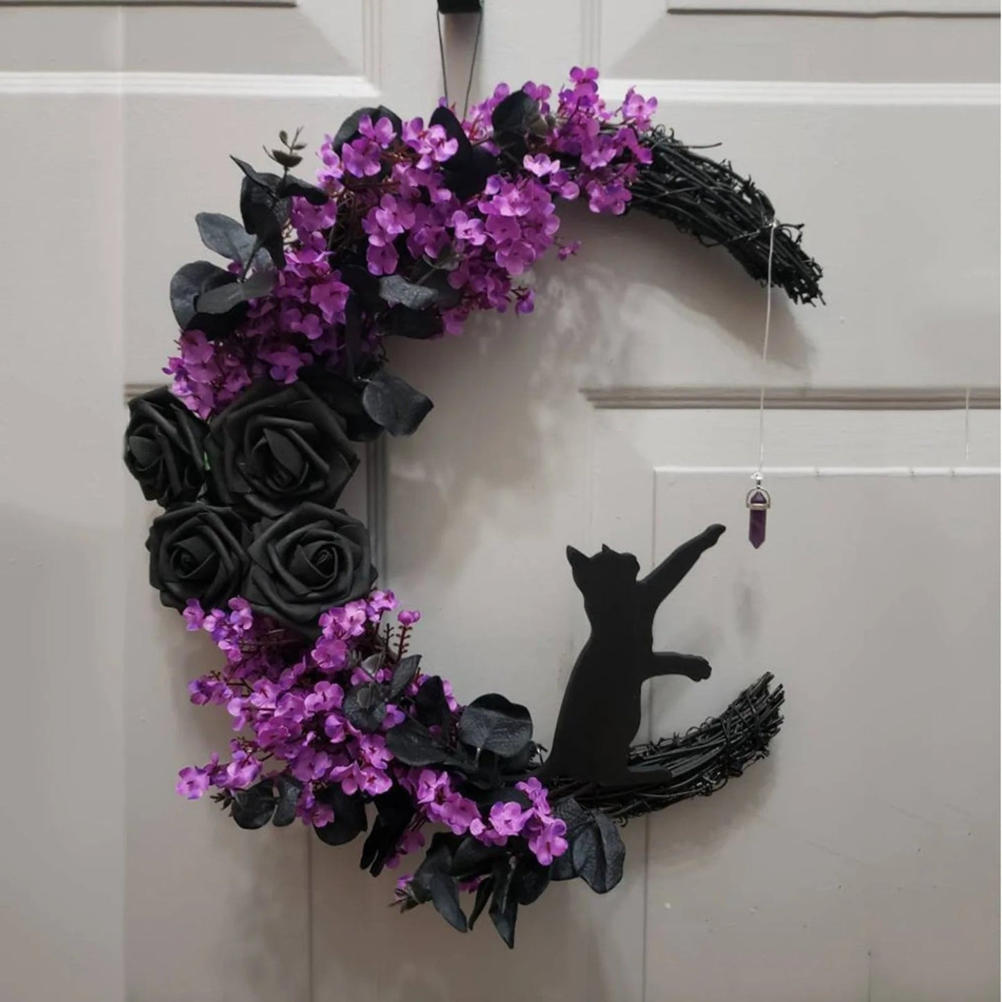 Halloween Moon Cat Flower Wreath Door Hanging Decorations Simulate Black Rose Rattan Circle Atmosphere Decorations Wall Garland