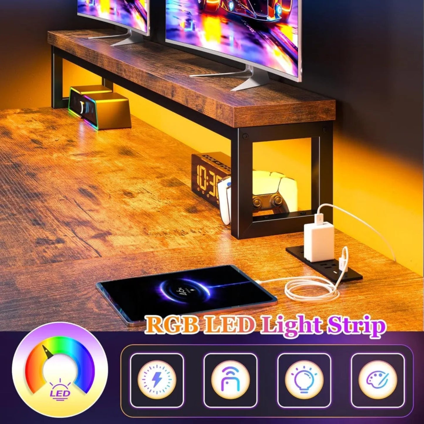 L-Shaped Gaming Desk with LED Lights and Power Outlet, 48 Inch Corner Computer Desk with Drawers, Reversible Office Desk