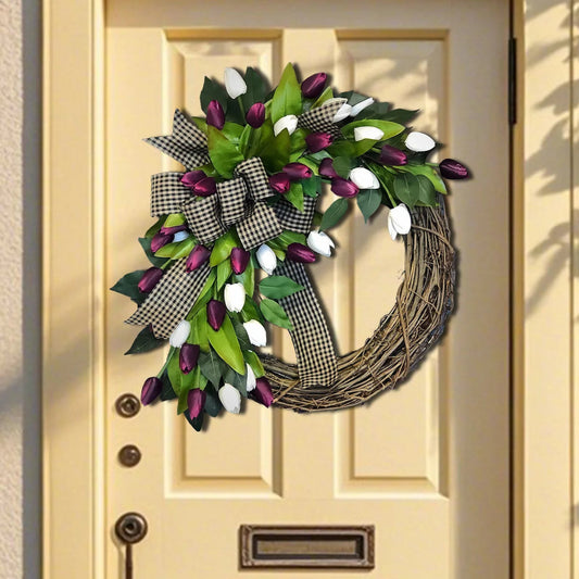 Tulip Wreath for Front Door, 13.7in Spring Summer Silk Wreath with Green Leaves & Bow Artificial Tulip Flower Wreaths