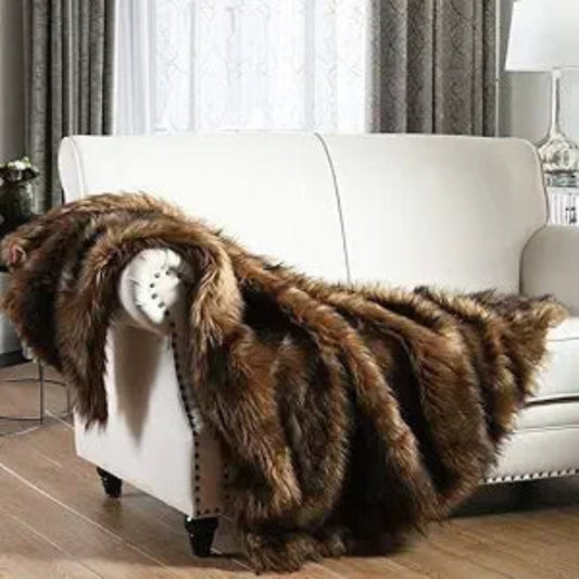 Elegant Brown Faux Fur Throw Blanket with Black Tips, Luxurious Plush Long Pile, Incredibly Warm and Fluffy, Ideal for Cozy and