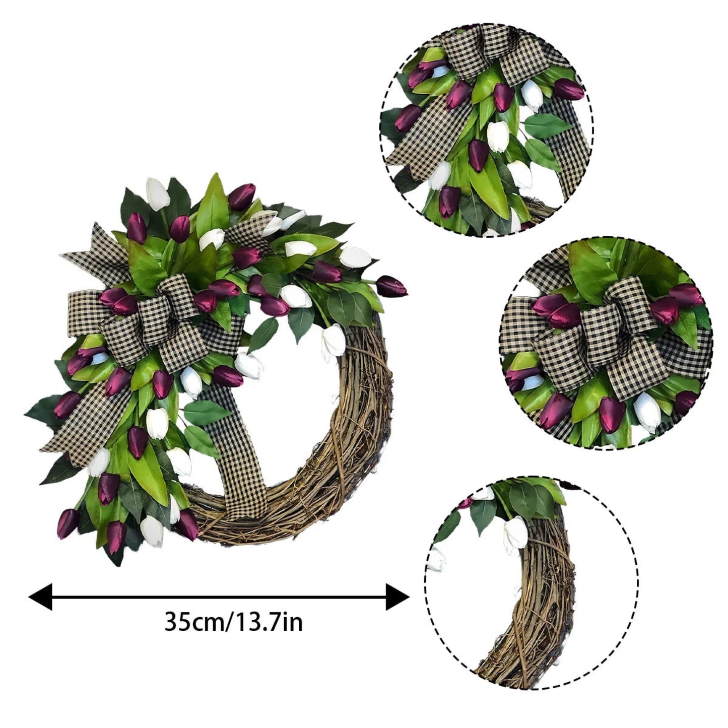 Tulip Wreath for Front Door, 13.7in Spring Summer Silk Wreath with Green Leaves & Bow Artificial Tulip Flower Wreaths