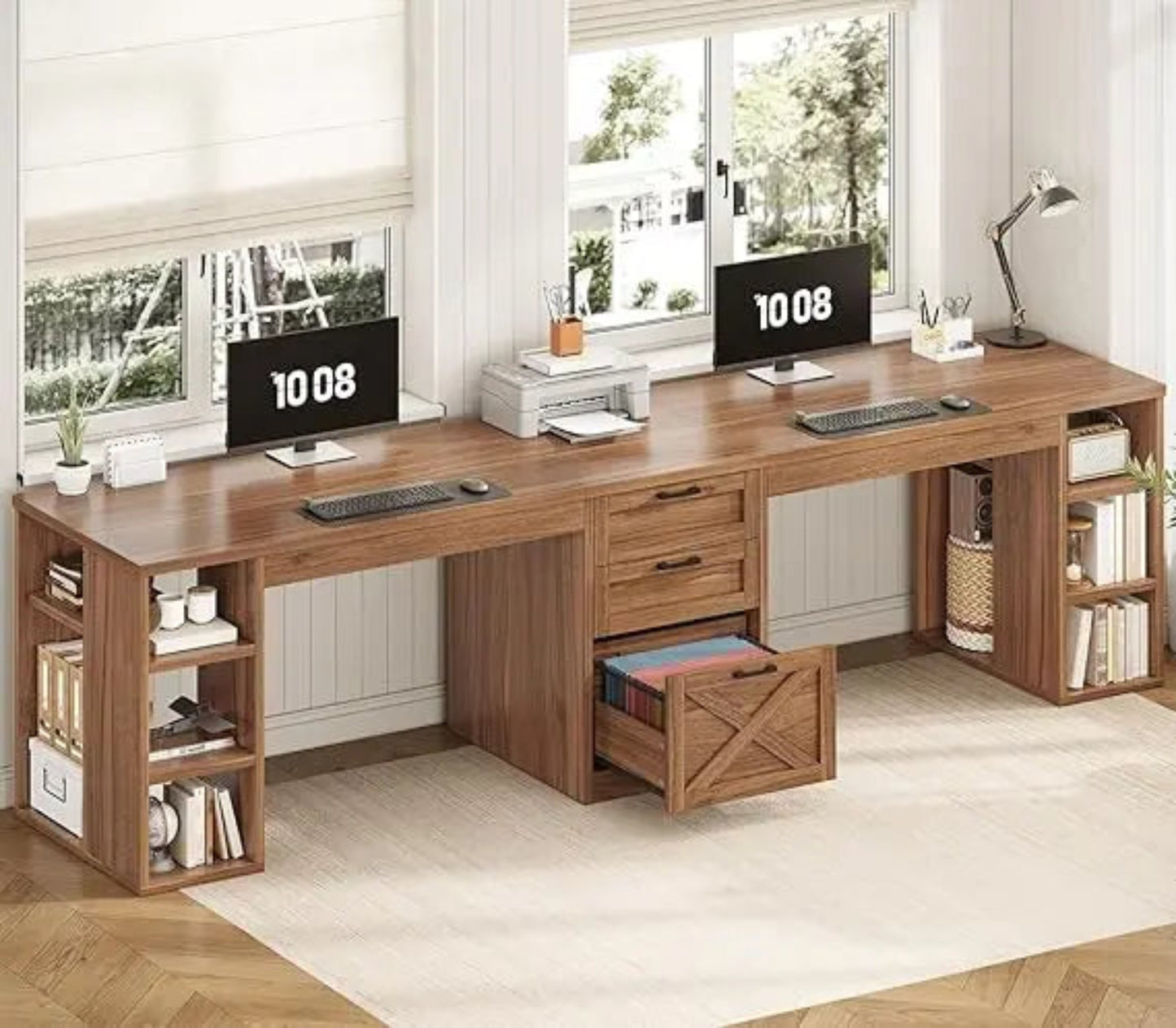 Farmhouse 96.5" Computer Desk with Drawers, 2 Person Home Office Desk, Gaming Double Desk with Storage Shelves, Long Two Person