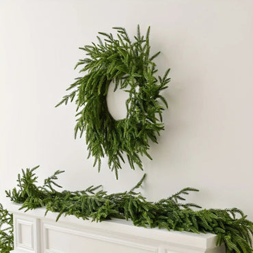 24 Inch Christmas Wreath for Front Door, Norfolk Pine Wreath for Home Porch Window Wall Farmhouse Decor, Green Wreath Front Door