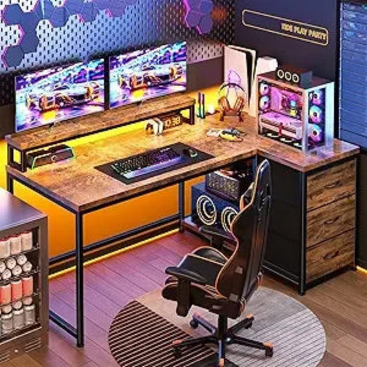 L-Shaped Gaming Desk with LED Lights and Power Outlet, 48 Inch Corner Computer Desk with Drawers, Reversible Office Desk