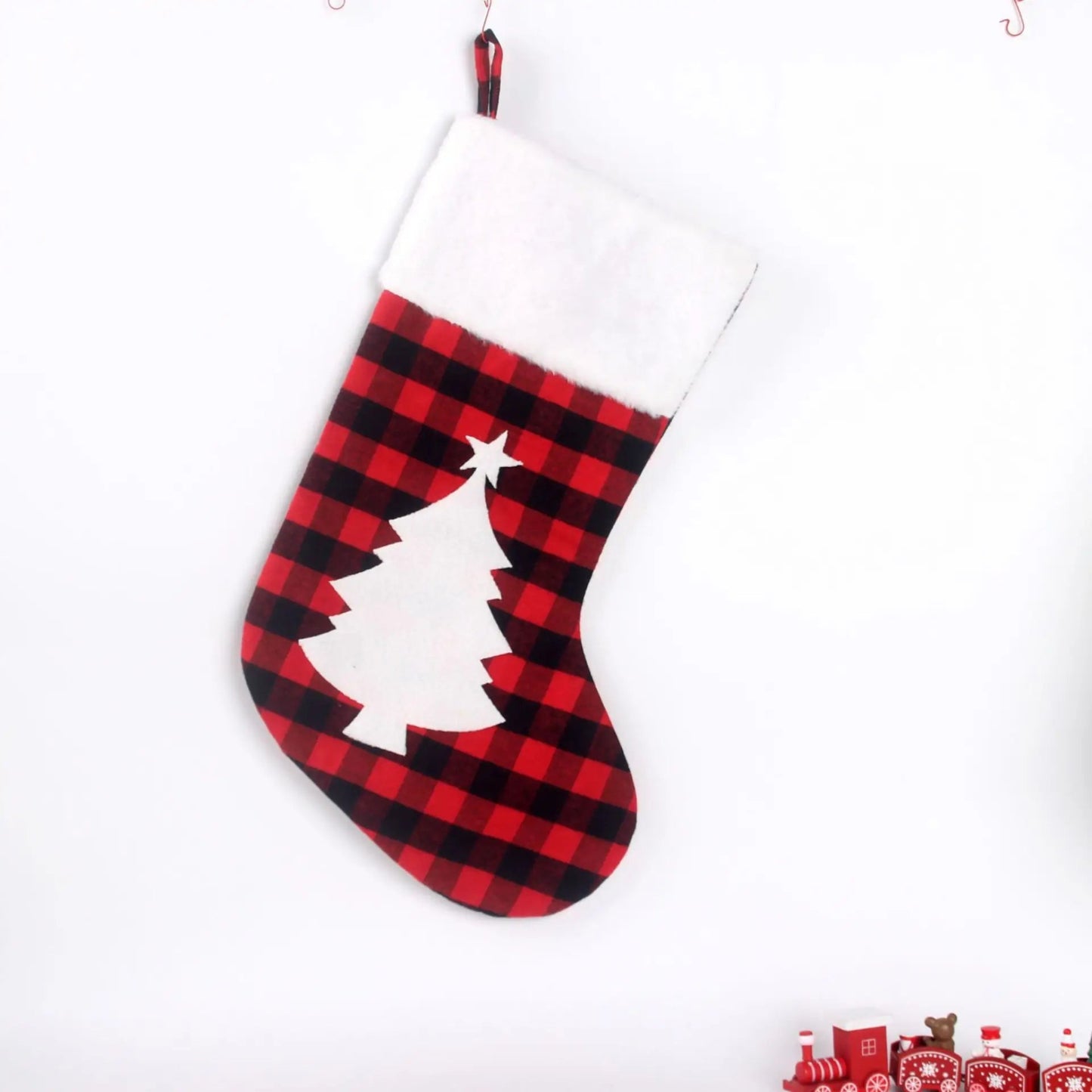 Christmas Stocking 17 Inch Large Buffalo Plaid, Faux Fur Cuff, Fireplace Hanging Sock, Perfect for Holiday Party Decorations