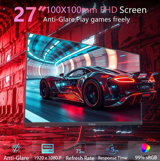 27-inch Computer Monitor IPS Panel PC Monitors FHD 1080p 75Hz LED Display Home Office Desktop Screen, HDMI, VGA, Flicker