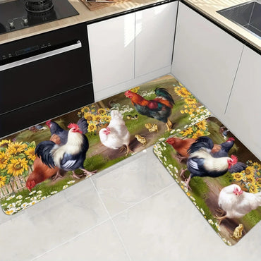 Farmhouse Rooster Kitchen Floor Mats Living Room Balcony Hallway Entrance Non-slip Carpets Reusable Garden Courtyard Decor Rugs