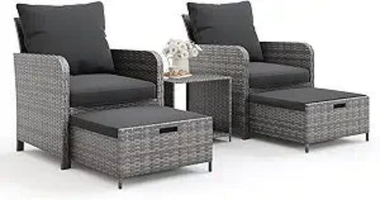 5-Piece Blue Patio Furniture Set with Balcony Chairs and Hidden Ottoman, Including Side Table