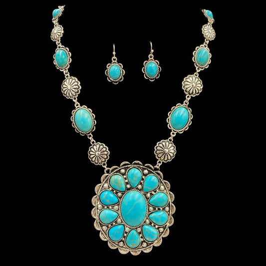Floral Turquoise Stone Concho Pendant Western Necklace Earri