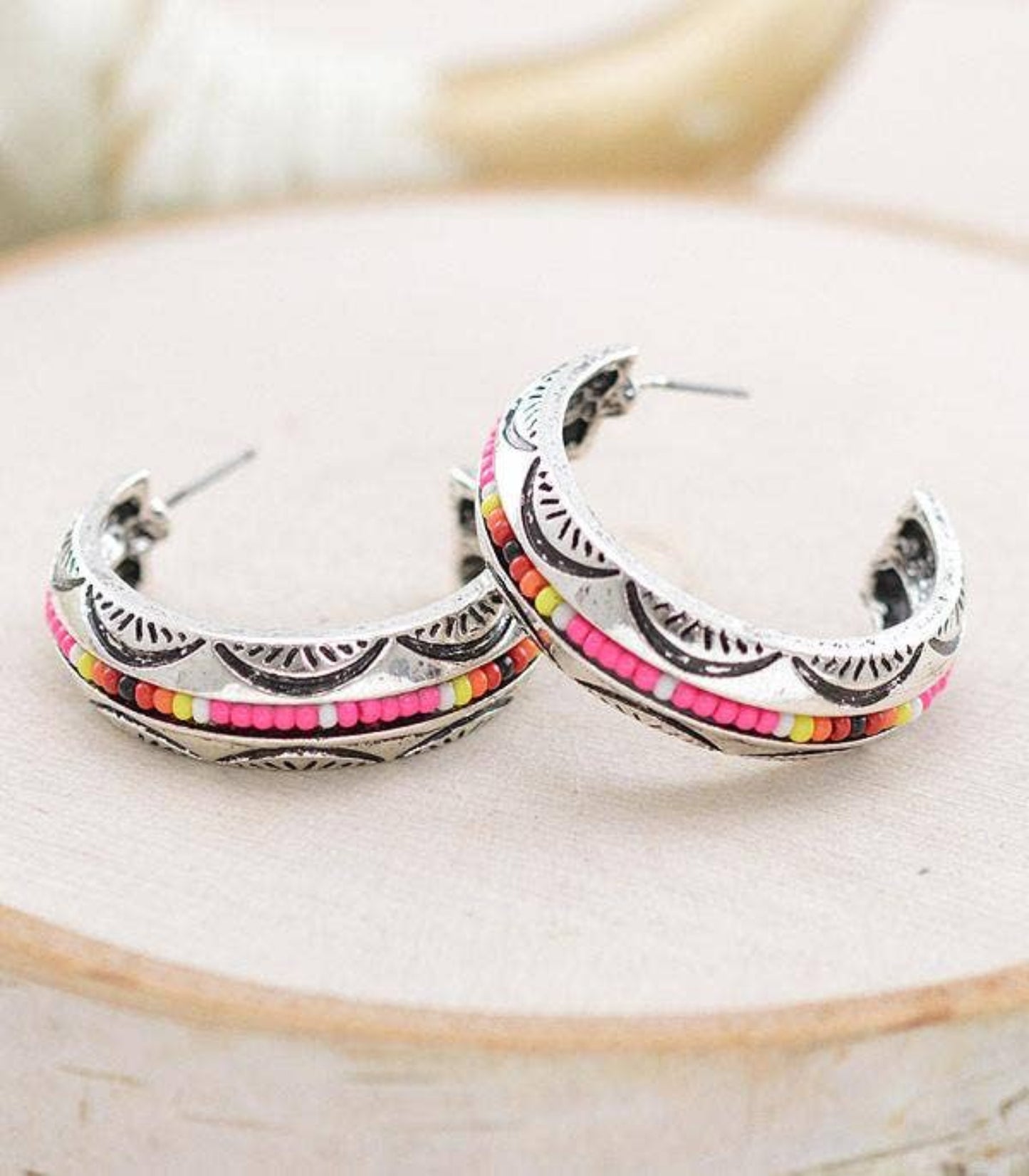 Aztec Pink Seed Bead Hoop Earrings