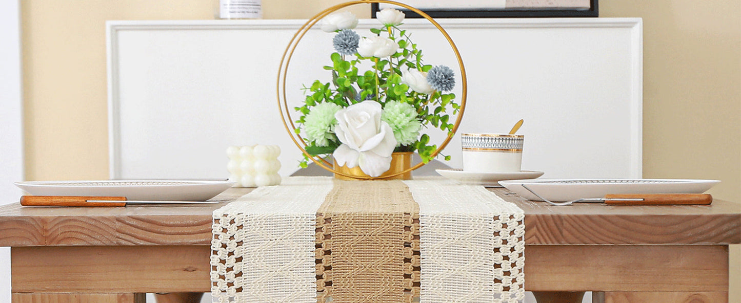 Boho Farmhouse Linen Table Runner with Tassels–Rustic Macrame, Burlap & Cotton Blend for Summer Home Decor and Holiday Events