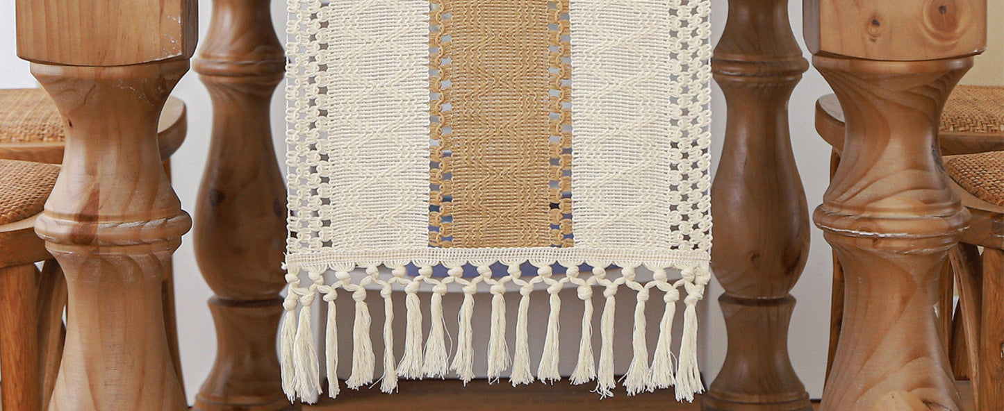 Boho Farmhouse Linen Table Runner with Tassels–Rustic Macrame, Burlap & Cotton Blend for Summer Home Decor and Holiday Events