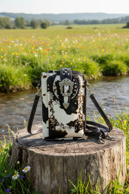 Crown Buckle Cow Print Floral Western Phone Wallet