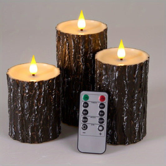 3pcs/ set Leds Flameless Candles, with Remote Control, Pine Bark LED Candles for Christmas Halloween Wedding Decoration for Mother's Day, Festivals, Parties, Bedrooms, Christmas Decorations, Halloween Decorations Gift, Christ