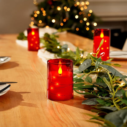 Flickering Flameless Candles Set of 3 Flickering Flameless Candles with Embedded String Lights | Battery Operated LED Candles with Remote