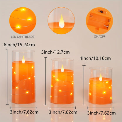 Flickering Flameless Candles Set of 3 Flickering Flameless Candles with Embedded String Lights | Battery Operated LED Candles with Remote