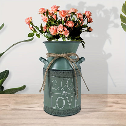 7 selectable blue and green printed village nostalgic and unique vases, small metal vases, retro milk cans, flower POTS, mini water bottles, decorative flower vases, farmhouse decorations for home, kitchen and bathroom, coffe