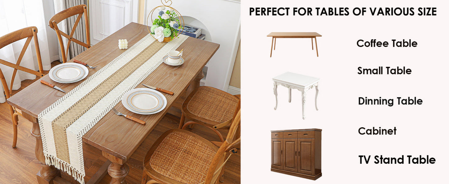 Boho Farmhouse Linen Table Runner with Tassels–Rustic Macrame, Burlap & Cotton Blend for Summer Home Decor and Holiday Events