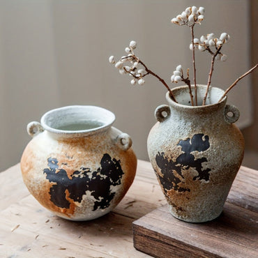 Vintage farmhouse ceramic vase, living room centerpiece vase, suitable for rustic European-style double-handle vases. Garden and office floral arrangement, dining table center decor, creative stone vessel vase, bar cabinet di
