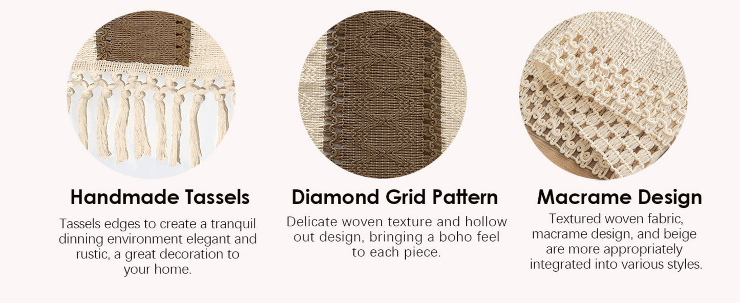 Boho Farmhouse Linen Table Runner with Tassels–Rustic Macrame, Burlap & Cotton Blend for Summer Home Decor and Holiday Events