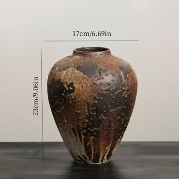 Vintage Vase Rustic Ceramic 1pc Cylinder Vase, Double Ear, Distressed | for Home Decor, Entryway, Tabletop, Living Room, Shelf, Fireplace Decoration