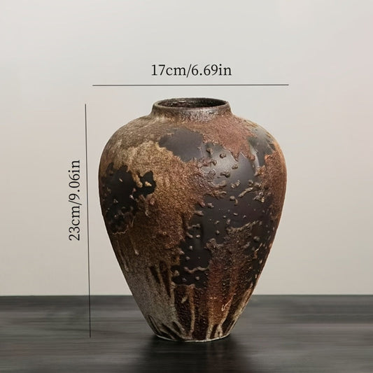 Vintage Vase Rustic Ceramic 1pc Cylinder Vase, Double Ear, Distressed | for Home Decor, Entryway, Tabletop, Living Room, Shelf, Fireplace Decoration