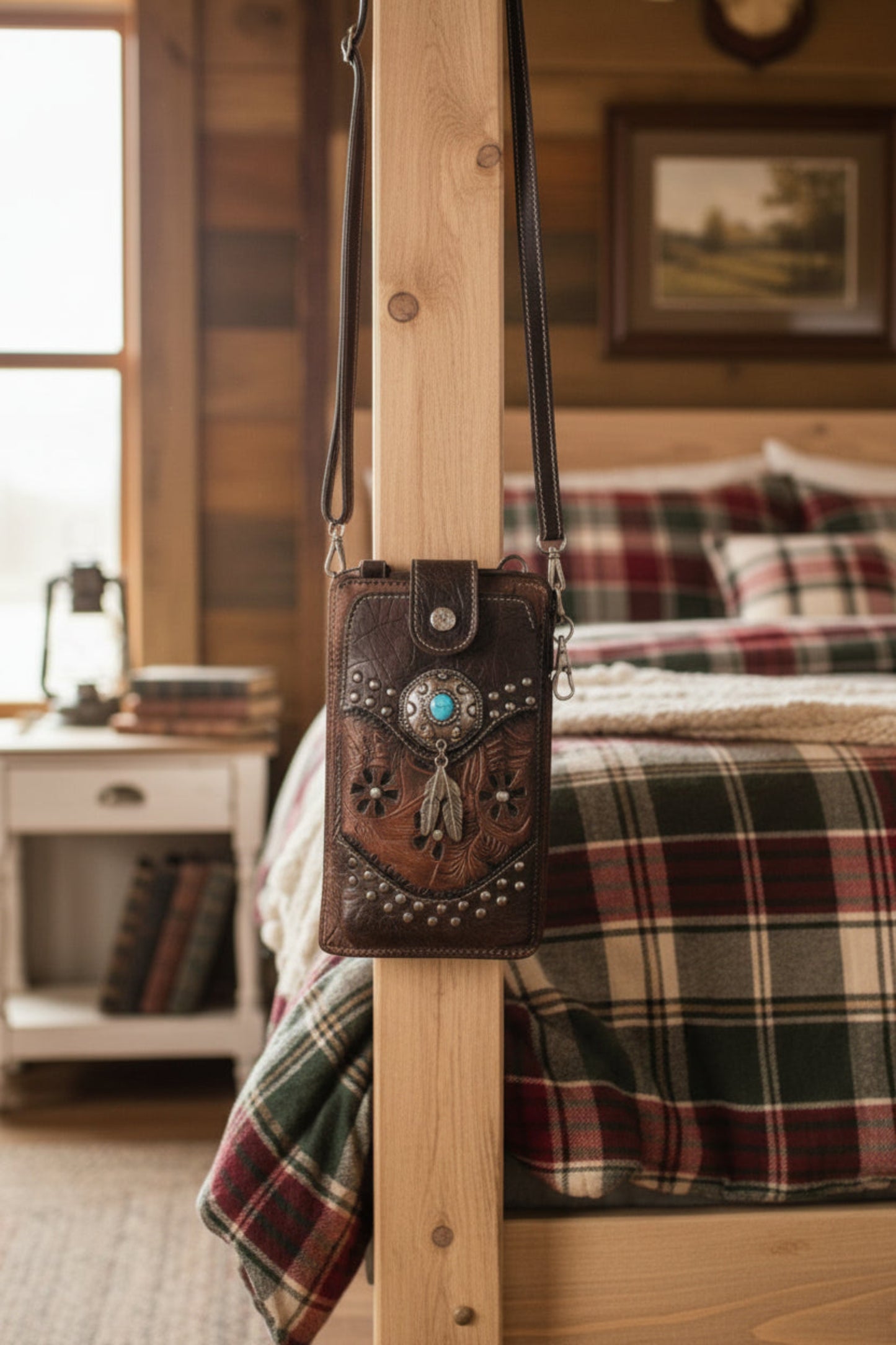 Turquoise Stone Feather Tooled Leather Western Phone Wallet