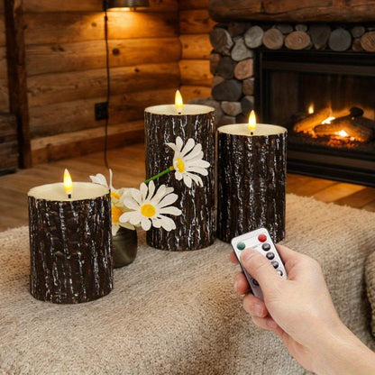 3pcs/ set Leds Flameless Candles, with Remote Control, Pine Bark LED Candles for Christmas Halloween Wedding Decoration for Mother's Day, Festivals, Parties, Bedrooms, Christmas Decorations, Halloween Decorations Gift, Christ
