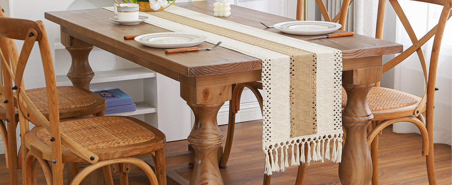 Boho Farmhouse Linen Table Runner with Tassels–Rustic Macrame, Burlap & Cotton Blend for Summer Home Decor and Holiday Events