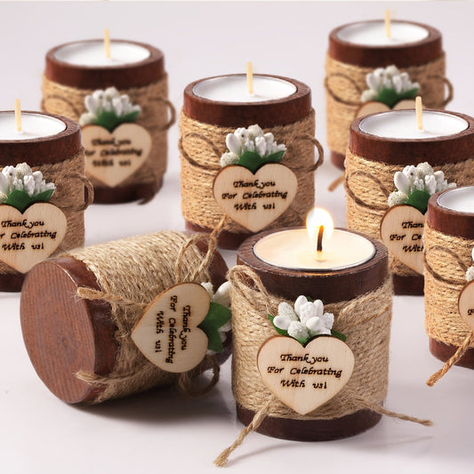 Rustic Tealight Candle Holders 12pcs Rustic Wooden Tealight Candle Holders with Tea Lights | Cylinder Bridal Shower Wedding Baby Shower Party Favors Gift Pack (Brown)
